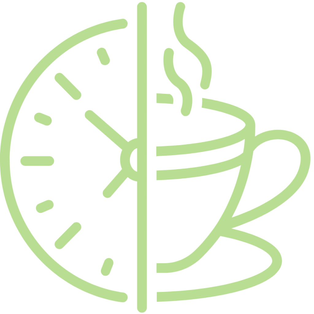 A close-up of a cup of coffee and a clock, both resting on a neutral surface. 