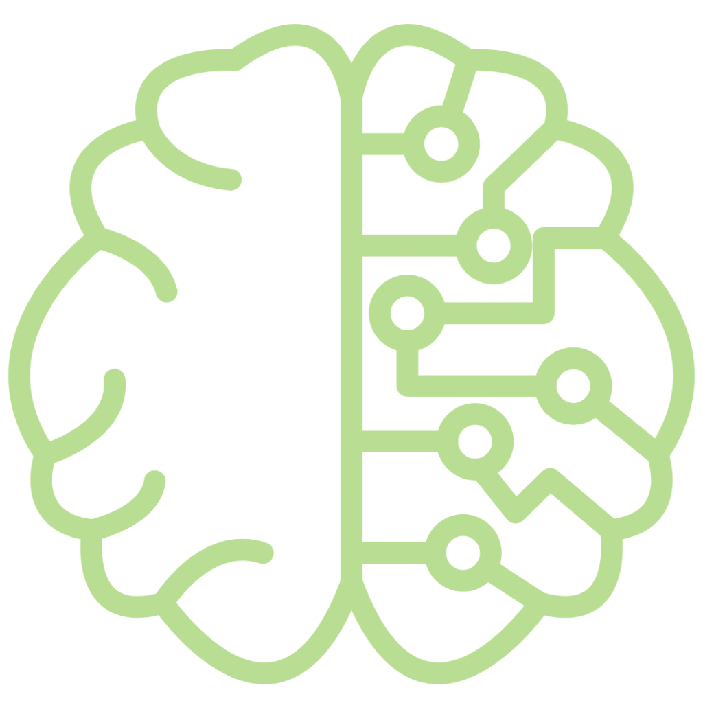 A flat green outline of a human brain on a neutral white background.