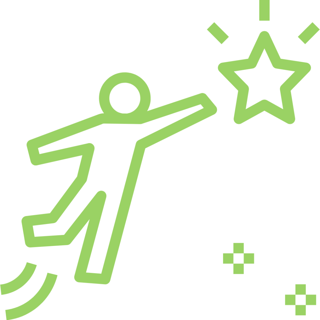 Green stick figure reaching for a star on a white background.