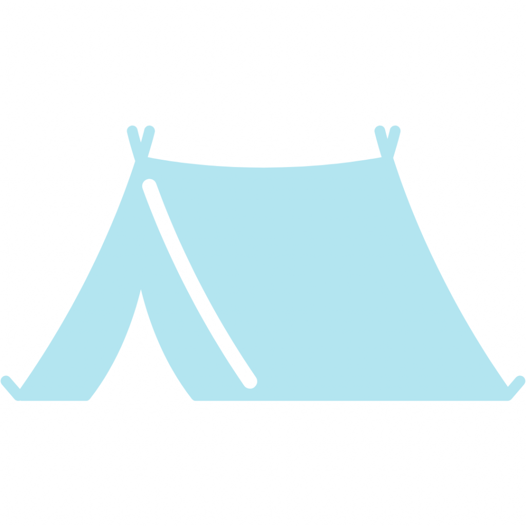 A blue tent silhouette on a white background.