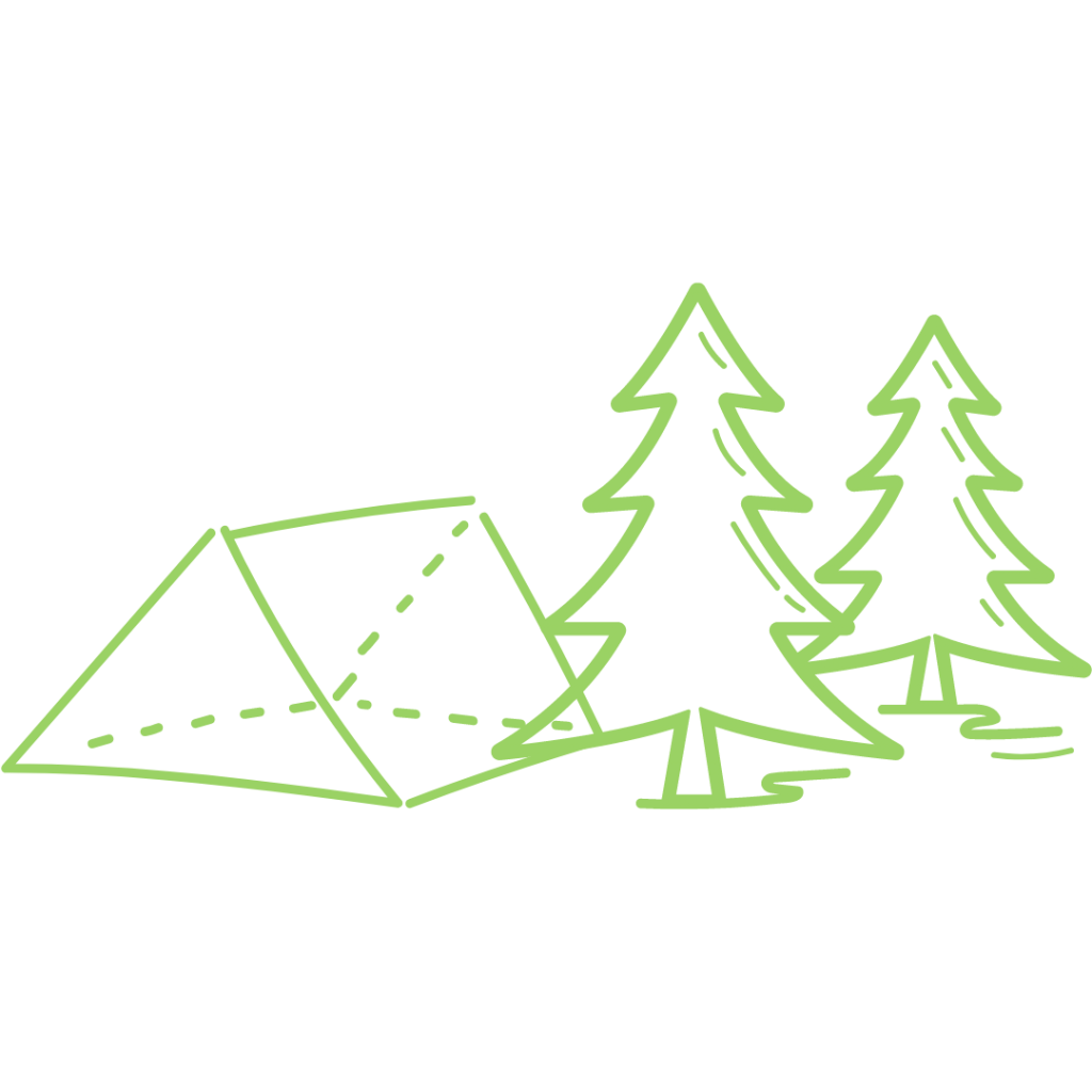 A green tent and two green pine trees on a gray background. The tent is in the shape of a triangle and the trees have a simple, hand-drawn style.