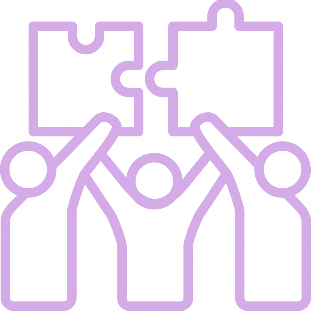 Three people icons, represented by simple line drawings, standing side by side. Each person is raising one arm to hold up one half of a larger puzzle piece, symbolizing collaboration and teamwork.