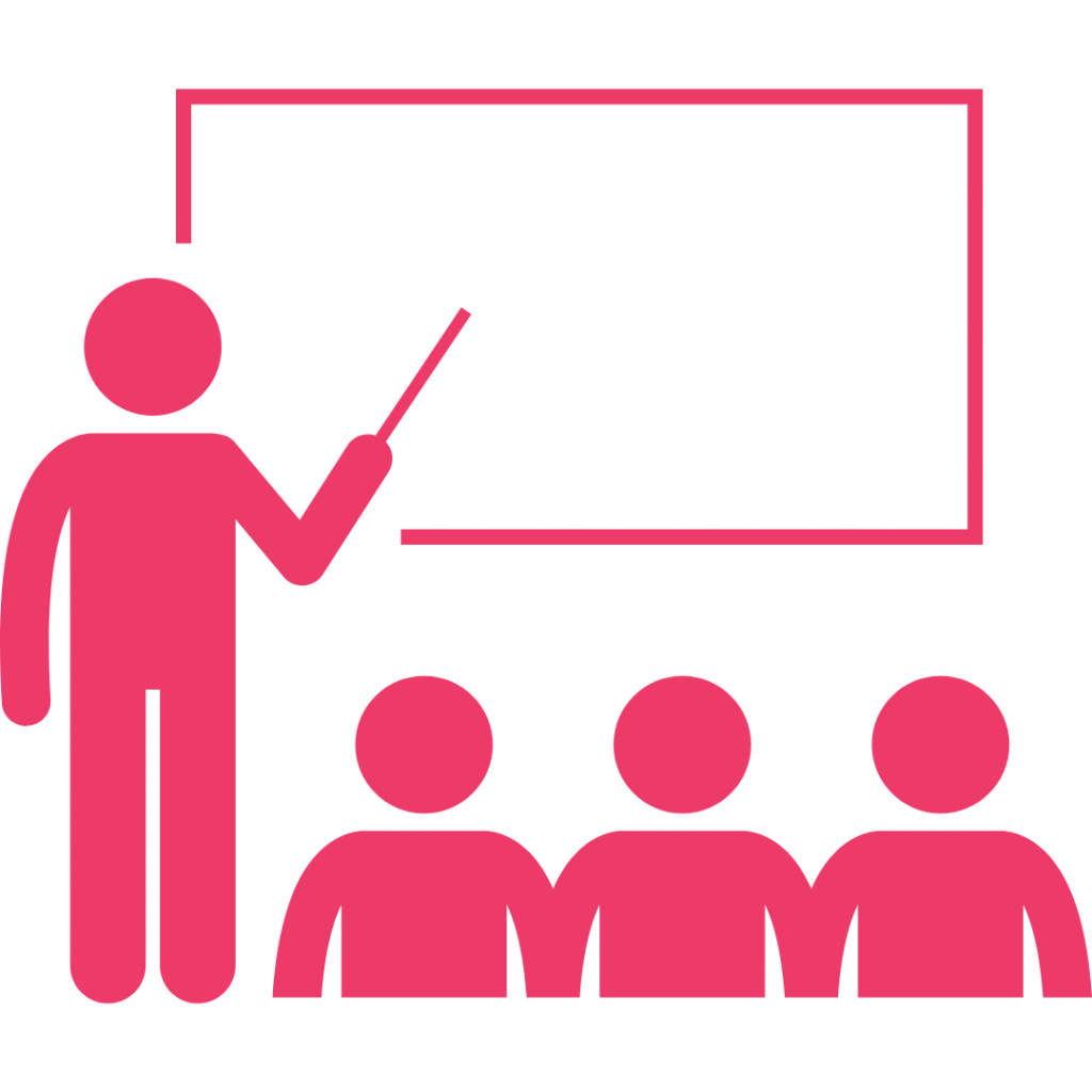 A pink silhouette of a teacher standing in front of a blank whiteboard, pointing with a pointer stick, and facing three students represented by pink circles.