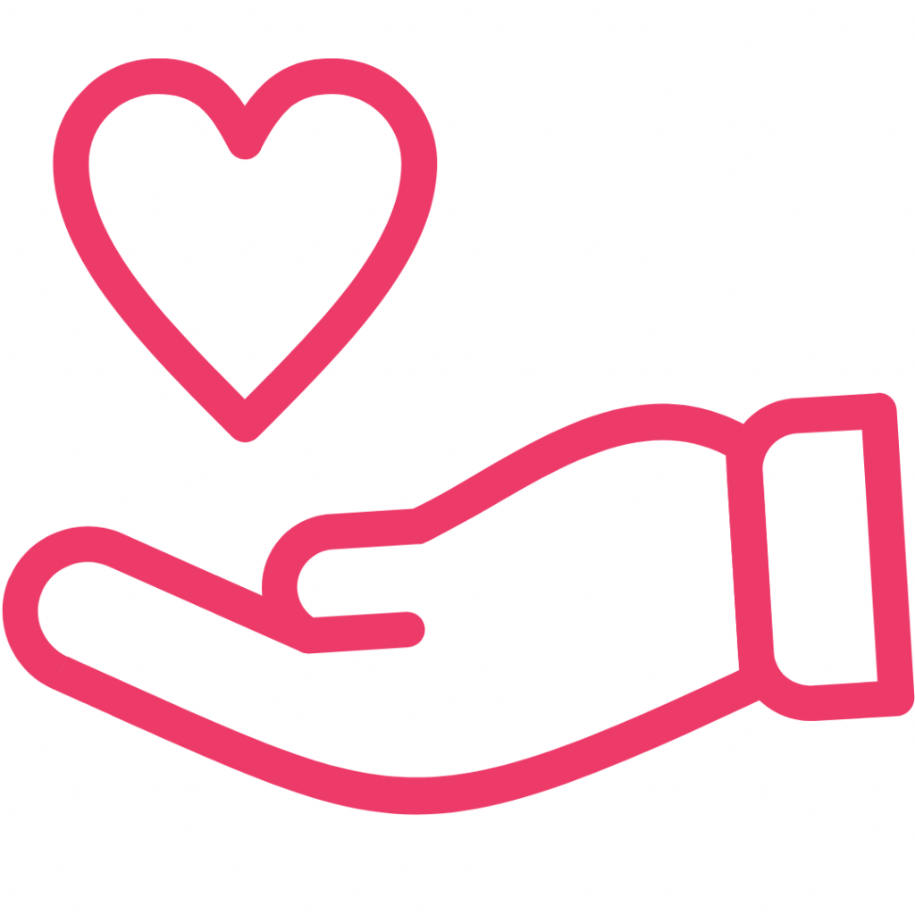 A pink hand holding a red heart icon on a white background. 