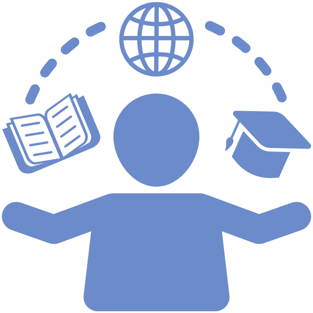 A blue silhouette of a person with arms outstretched, surrounded by icons of a globe, an open book, and a graduation cap, connected by dotted lines.