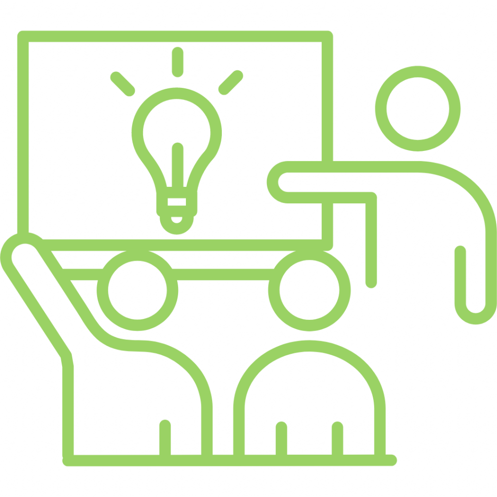 A green line drawing of three people collaborating on an idea. Two people are holding up a large board with a lightbulb drawn on it, while a third person is pointing at the board.