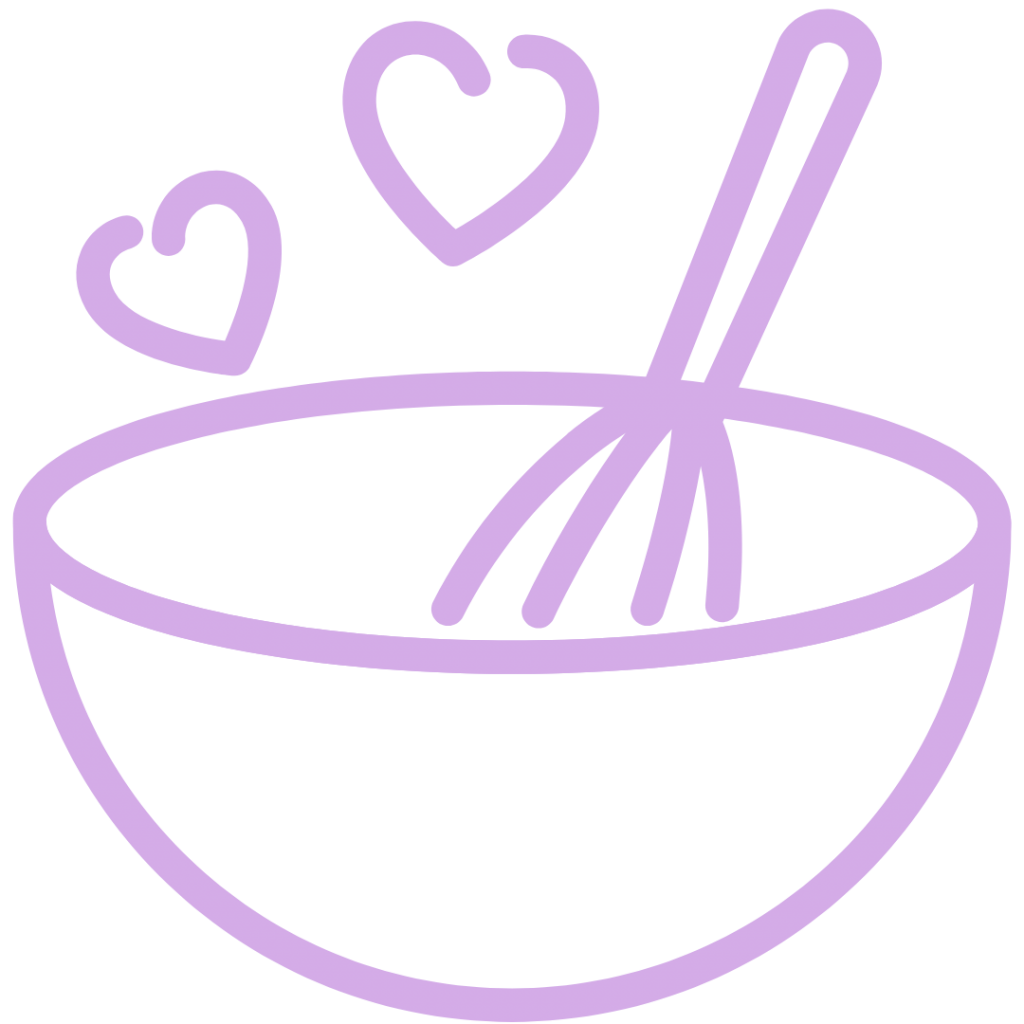 A purple bowl with a whisk inside and three hearts above it.