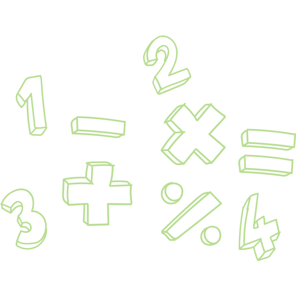 A collection of mathematical symbols and numbers in various 3D styles on a gray background. The symbols include plus, minus, multiplication, division, equals, and percentage signs. The numbers include 1, 2, 3, and 4.