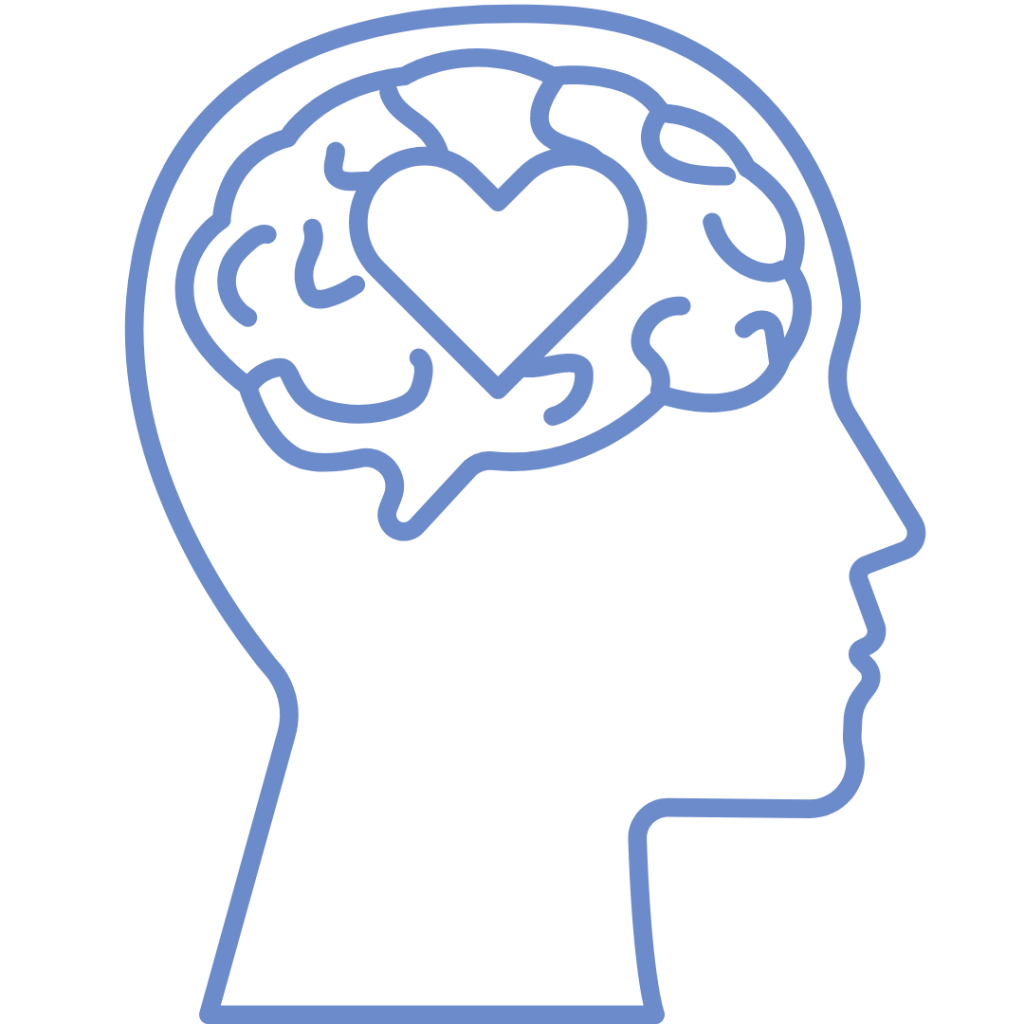 A blue line drawing of a person's head in profile, with a brain inside and a heart shape in the center of the brain.