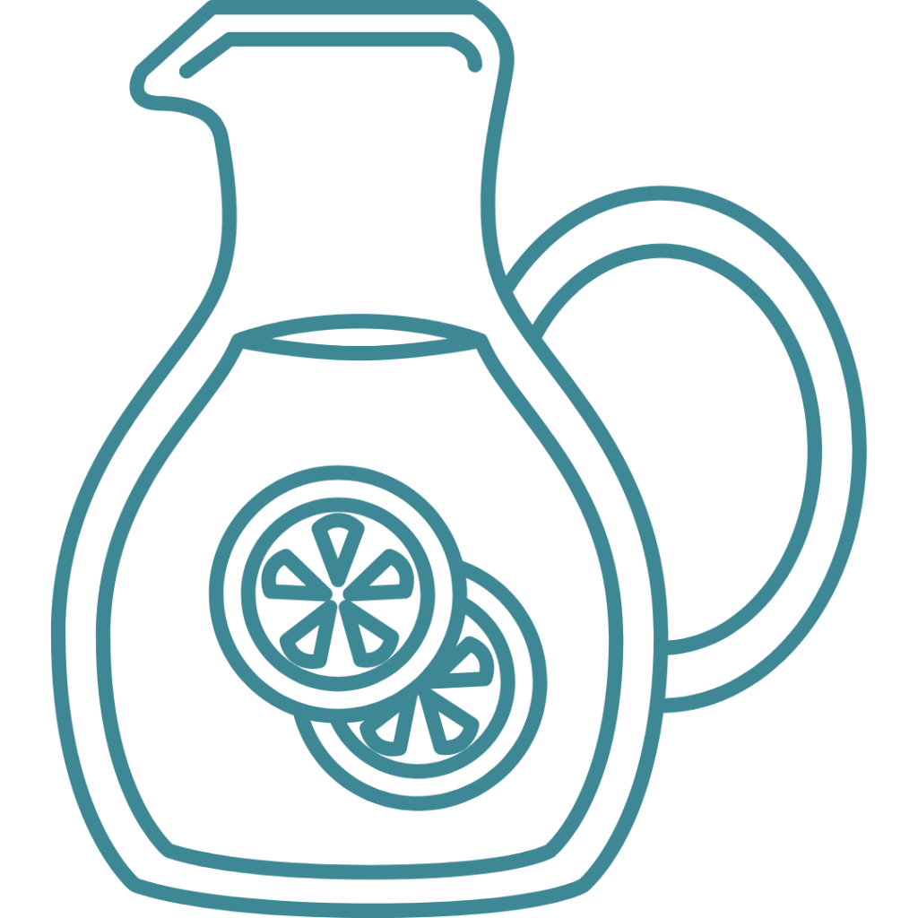 A blue outline of a pitcher with a handle, filled with liquid and containing two lemon slices.