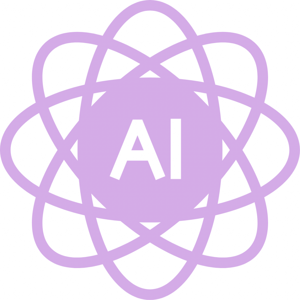 A lilac-colored circle with the letters "AI" in white in the center, surrounded by overlapping lilac-colored circles resembling an atom.