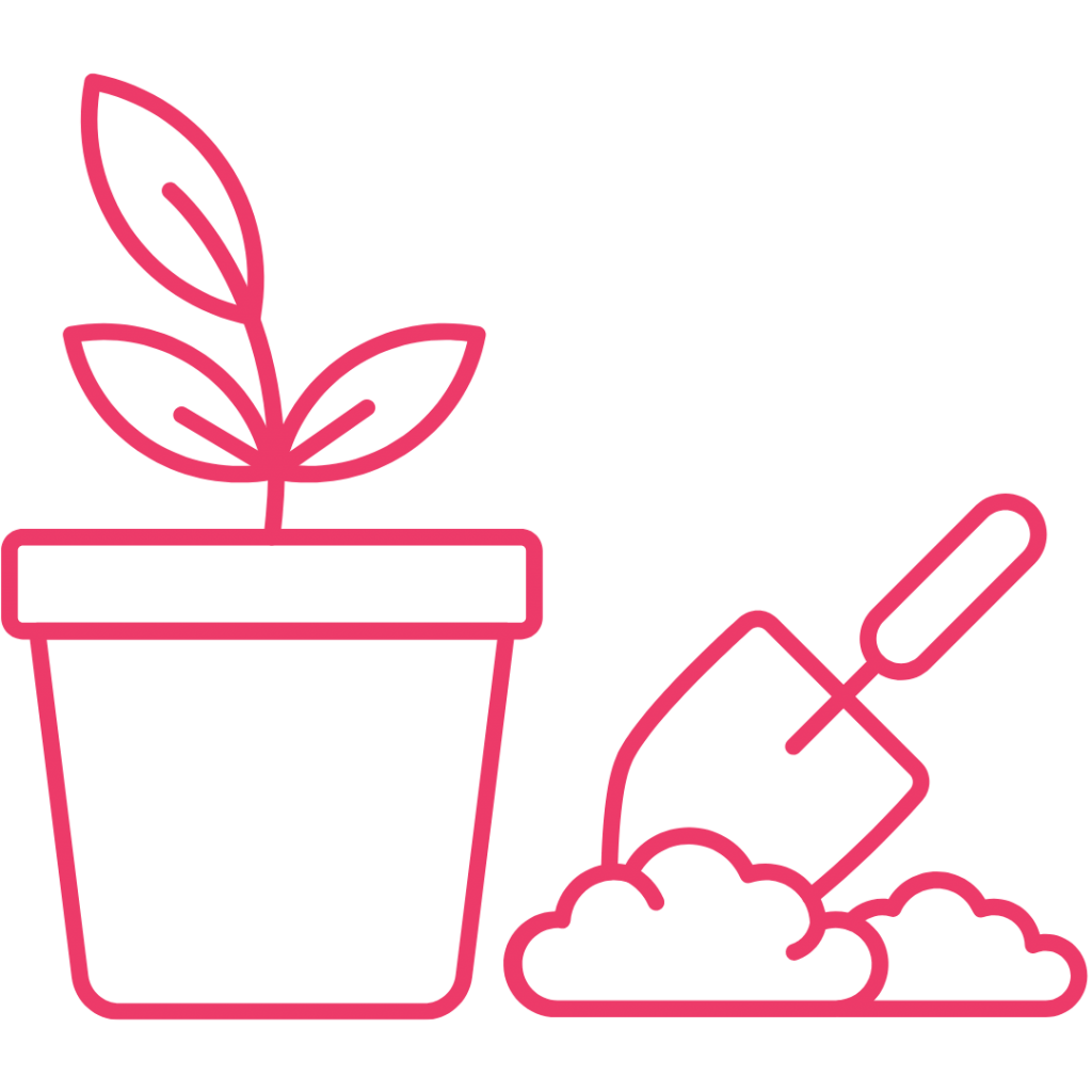 A pink line drawing of a potted plant with a shovel and pile of dirt next to it.