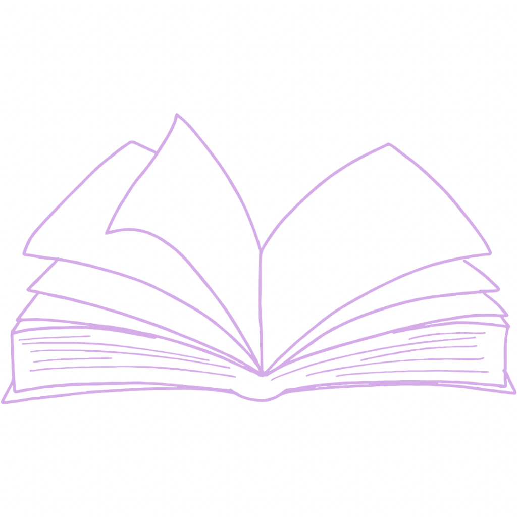 A purple open book with pages flying out on a white background.