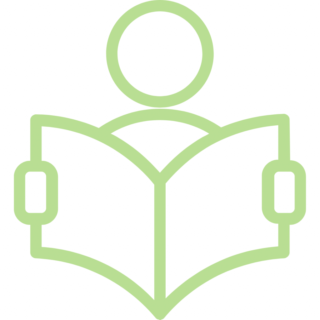 A person with a circular head is reading a book with rounded corners. The image is outlined in a light green color.