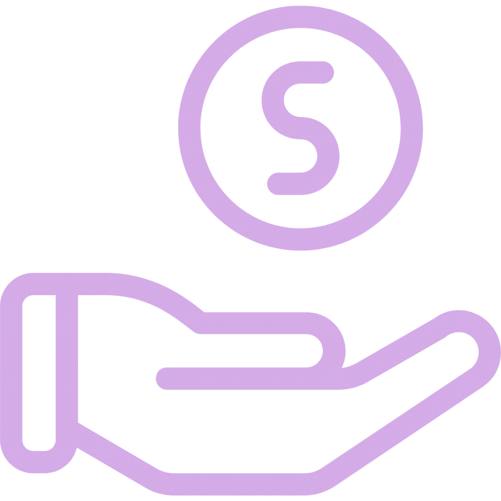 A purple outline of a hand with an open palm, holding a purple coin with the letter "S" in the center.