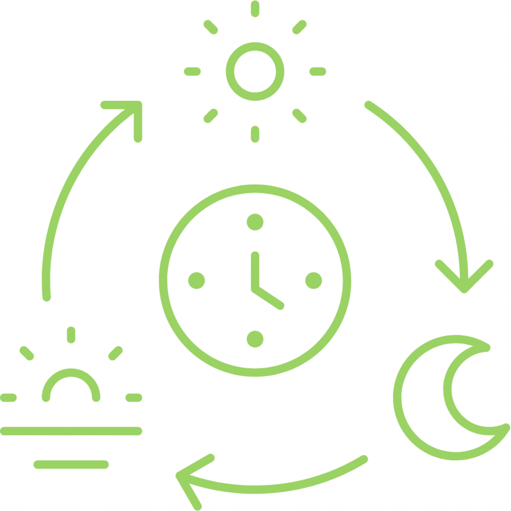 A green line drawing of a clock surrounded by symbols of the sun, moon, and arrows indicating a cyclical pattern. This represents the concept of circadian rhythm or daily cycle.