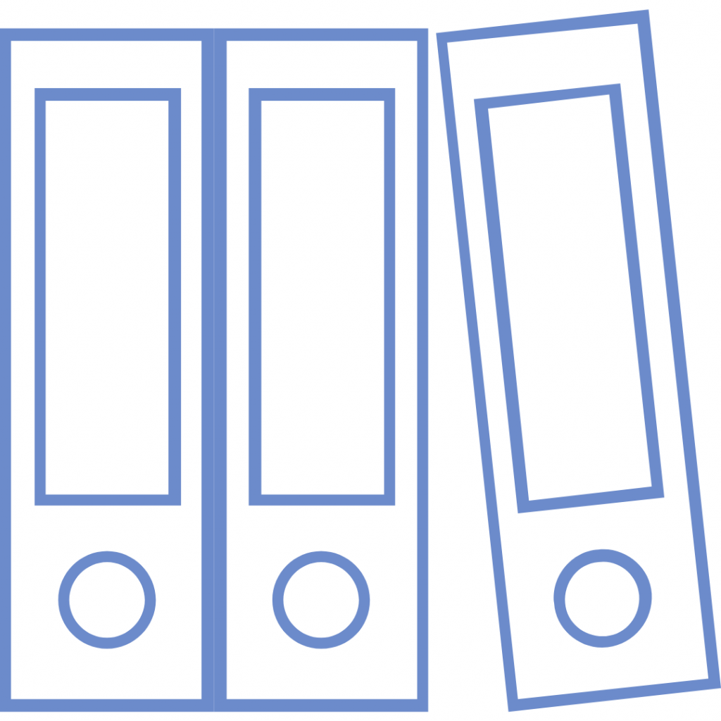 Three blue line drawings of file folders standing upright, with two folders standing upright and one folder leaning against them.