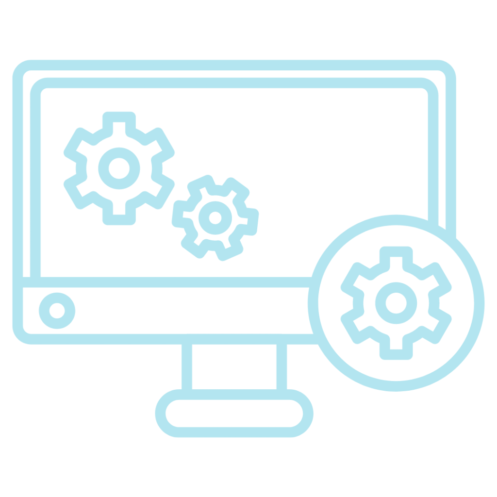 A computer monitor with three gear icons inside it and a gear icon next to it.