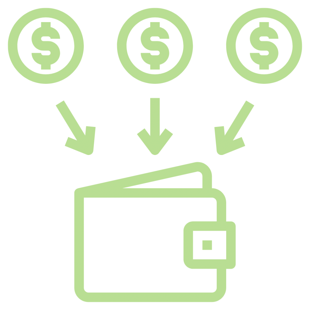 Three dollar coin icons pointing down arrows to a wallet icon.