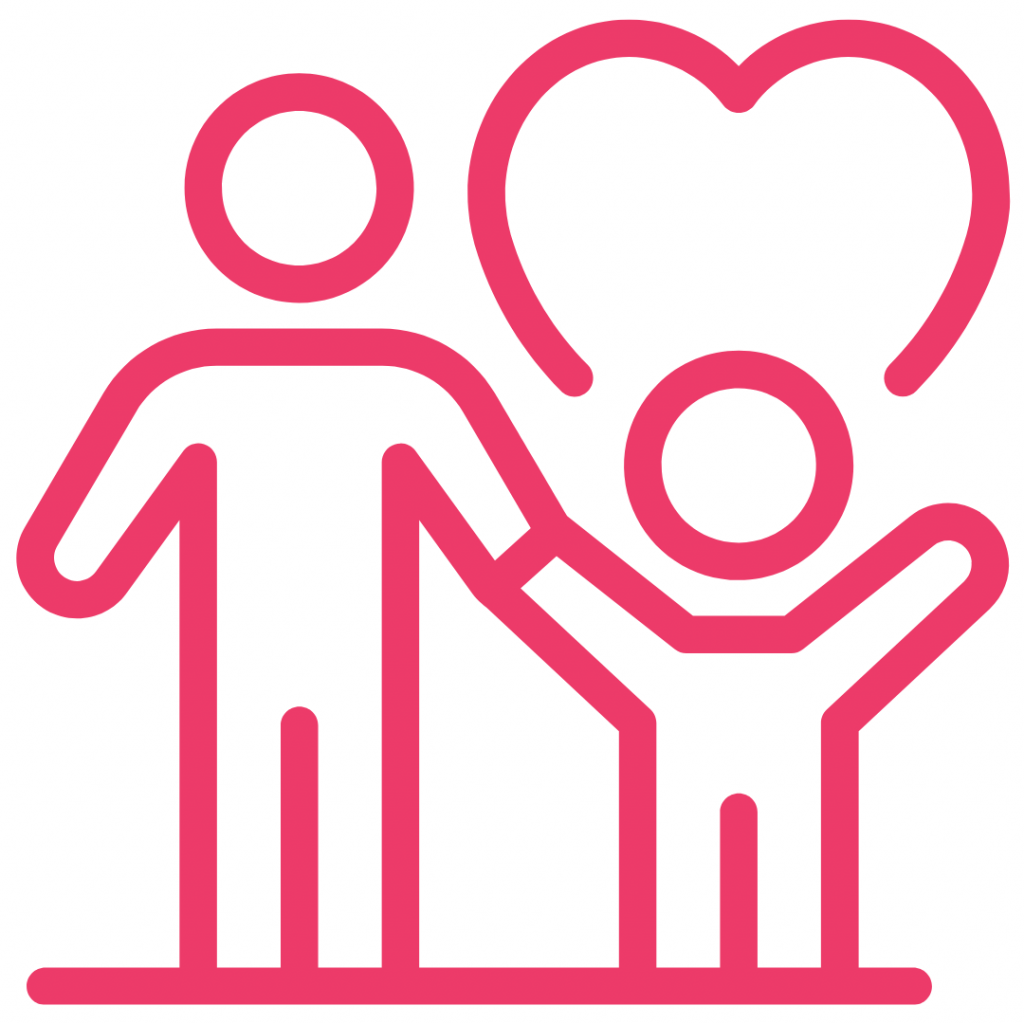 simple line drawing of a parent and child holding hands with a heart above their heads. The colors are pink and white.