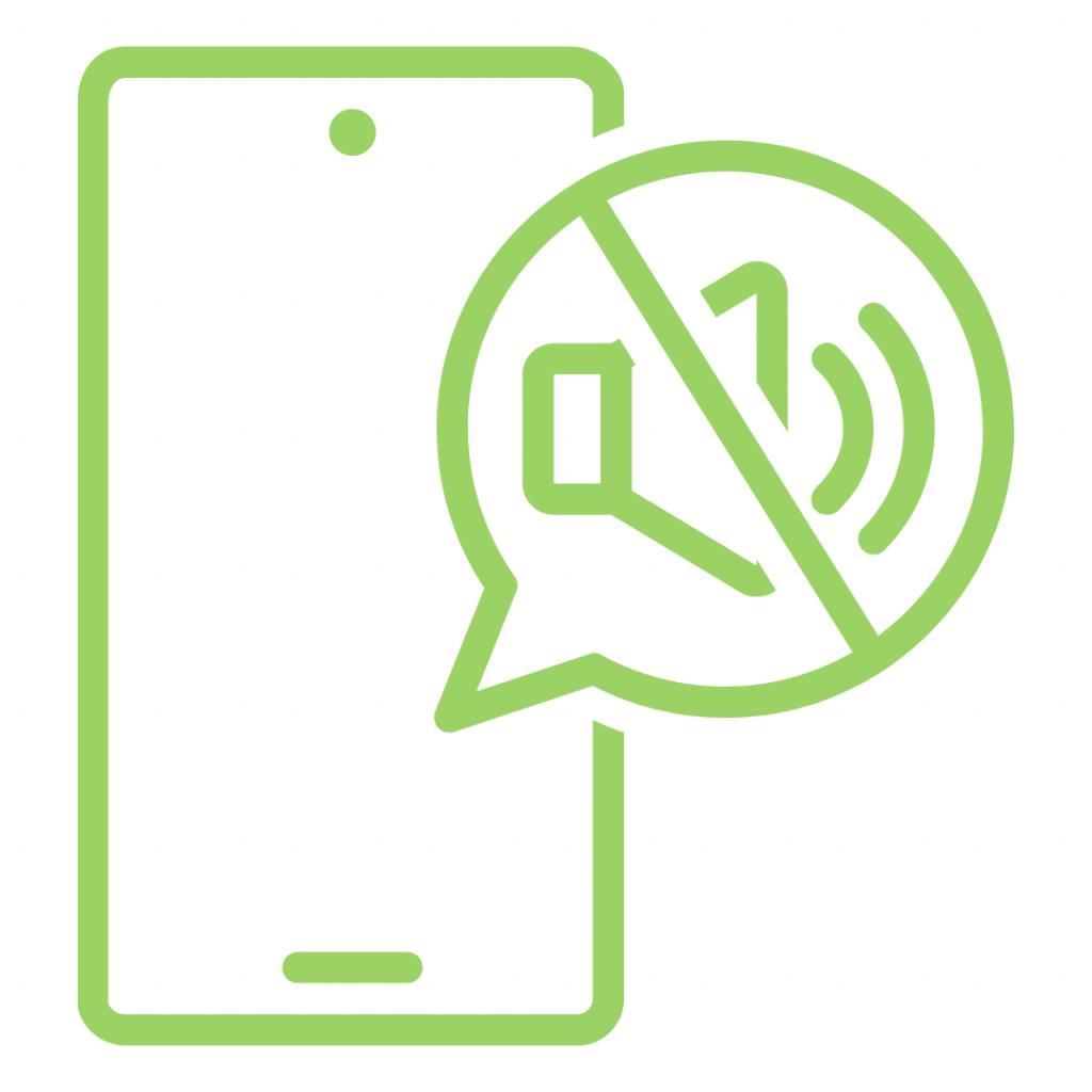 The image depicts a smartphone with a no-sound symbol.