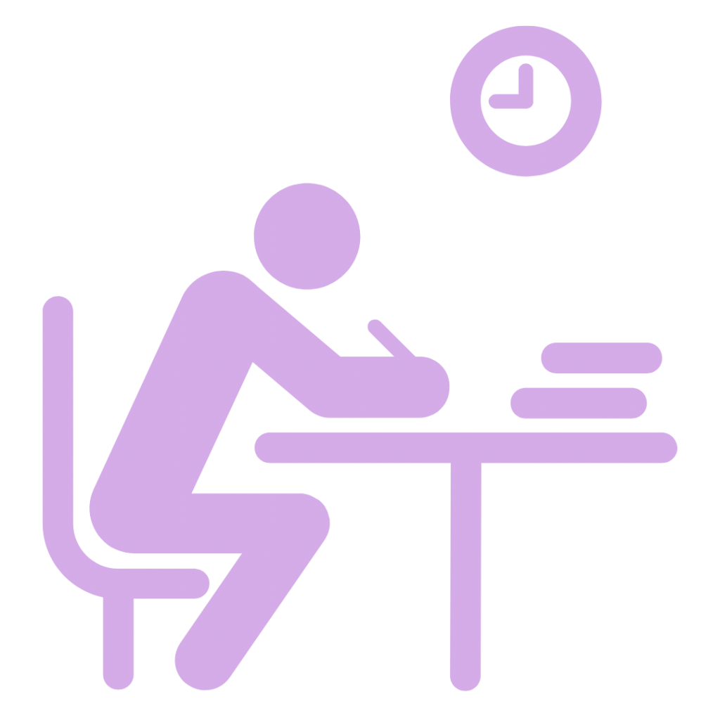 A stick figure person seated at a desk, writing on a piece of paper. There is a stack of books and a clock on the wall above.