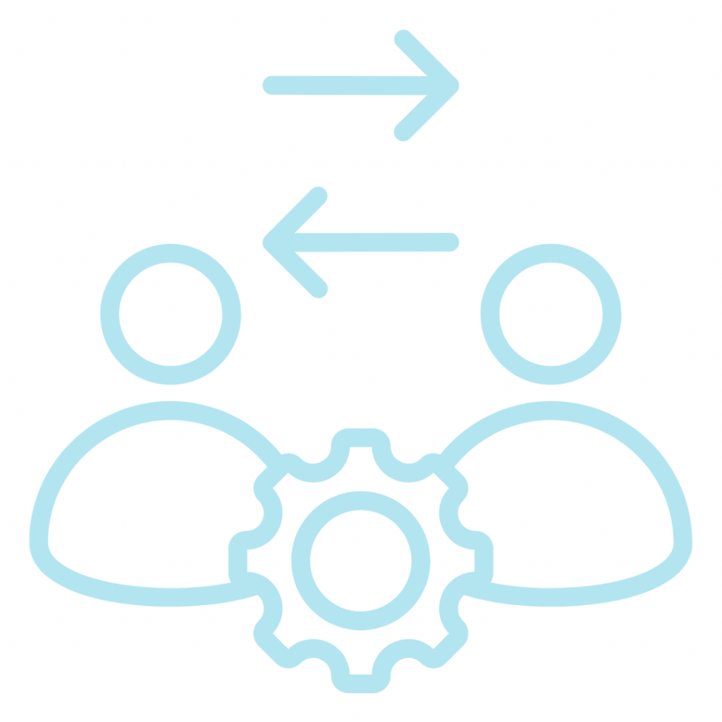 Two people facing each other with arrows pointing in both directions, and a gear in the middle