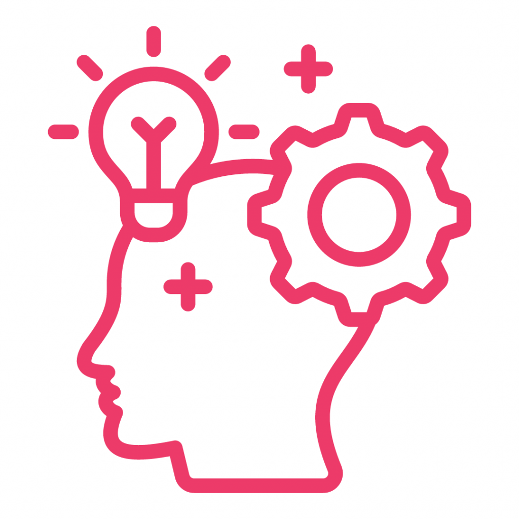 A human head with a lightbulb inside and a gear beside it