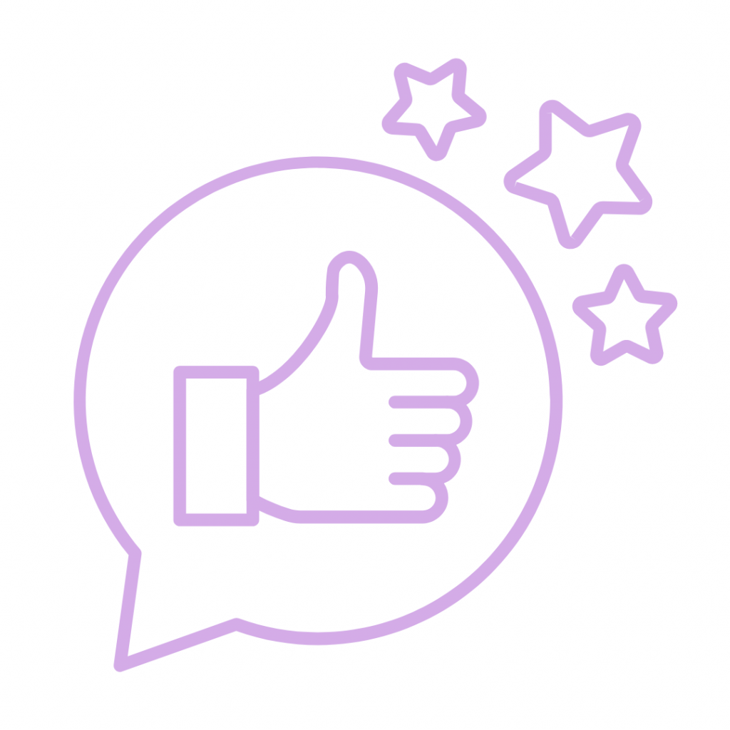 Purple line drawing of a hand giving a thumbs up inside a speech bubble with three stars surrounding it