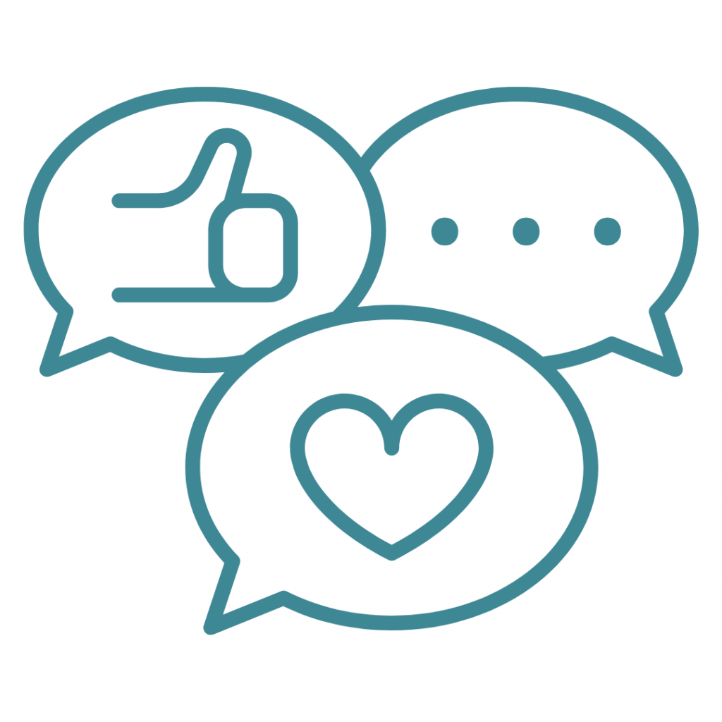 Speech bubbles containing a thumbs-up, three dots, and a heart