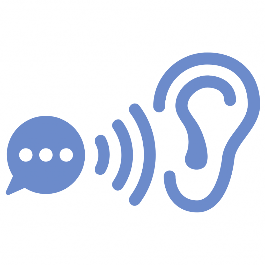 Blue line drawing of a speech bubble with three dots inside, sending waves to a stylized ear