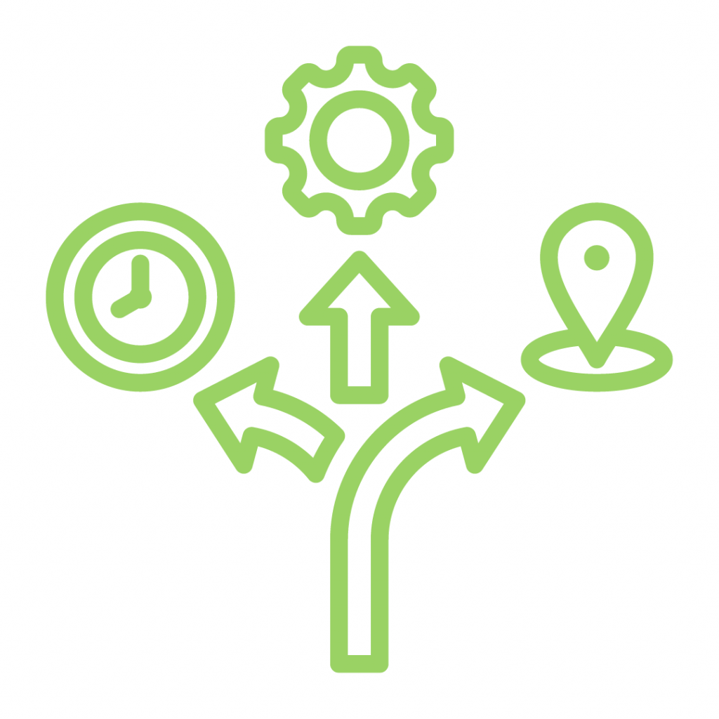 A clock, a gear, arrows pointing in different directions, and a location pin