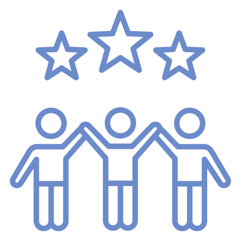 Three stick figures holding hands with three stars positioned above them