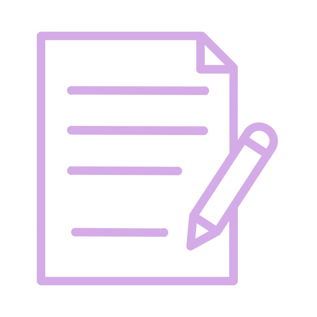 A purple outline of a sheet of paper with five horizontal lines, positioned to the left of a purple pencil. The pencil has a rounded tip and is pointing towards the paper, as if ready to write.