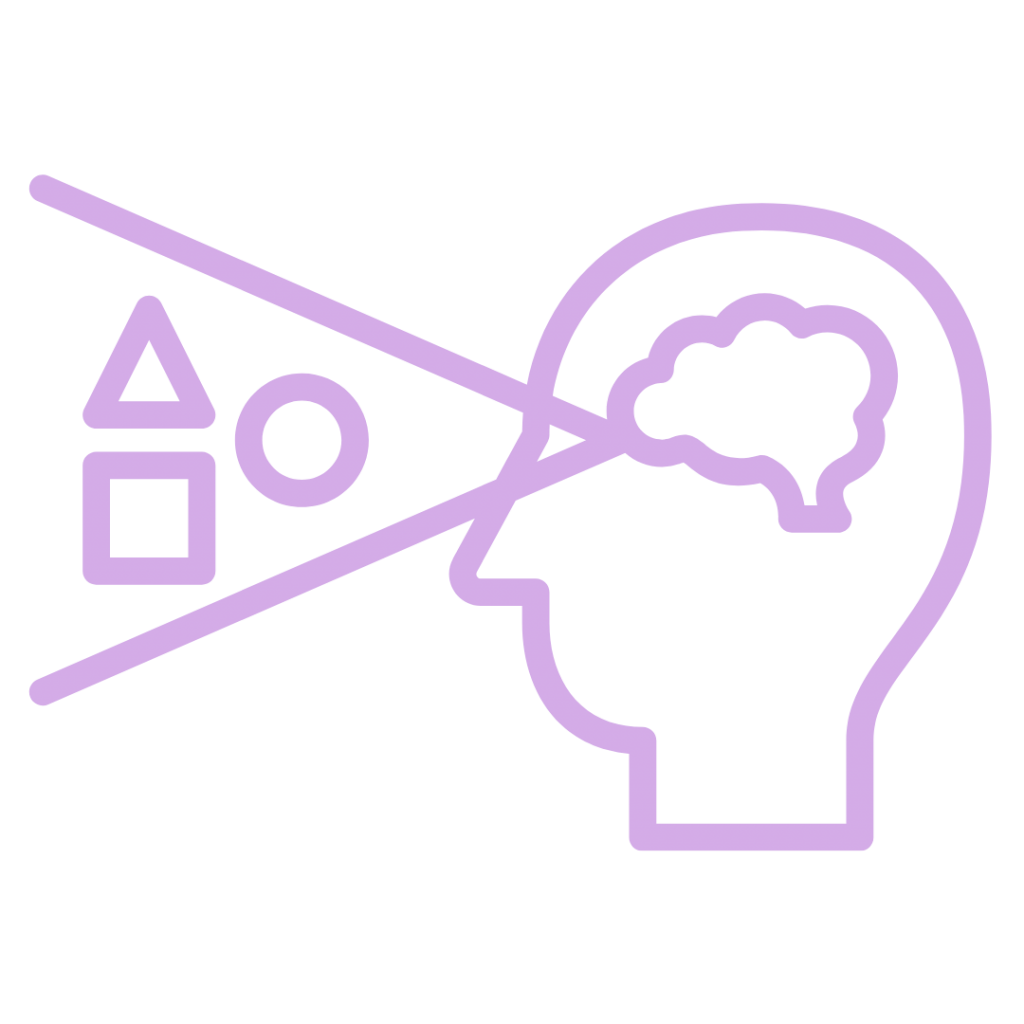 A side view of a person's head with lines connecting to geometric shapes and a brain with thought bubbles.