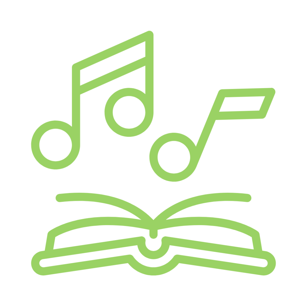 A green outline of an open book with three musical notes floating above it. The musical notes are arranged vertically, with the highest note at the top.