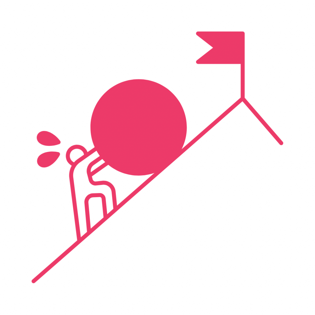 Sisyphus pushing a boulder uphill. This image references the Greek myth of Sisyphus, who was condemned to eternally roll a boulder up a hill, only for it to roll back down, repeating the task endlessly. It symbolizes the futility of effort or the struggle against insurmountable odds.