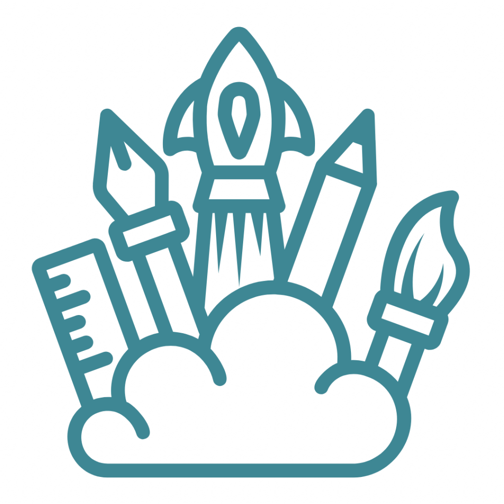 Creativity and innovation. The image shows a cloud with various art supplies like a pen, pencil, paintbrush, and ruler, along with a rocket launching from it. This combination represents the concept of creativity, inspiration, and the ability to launch new ideas or projects.