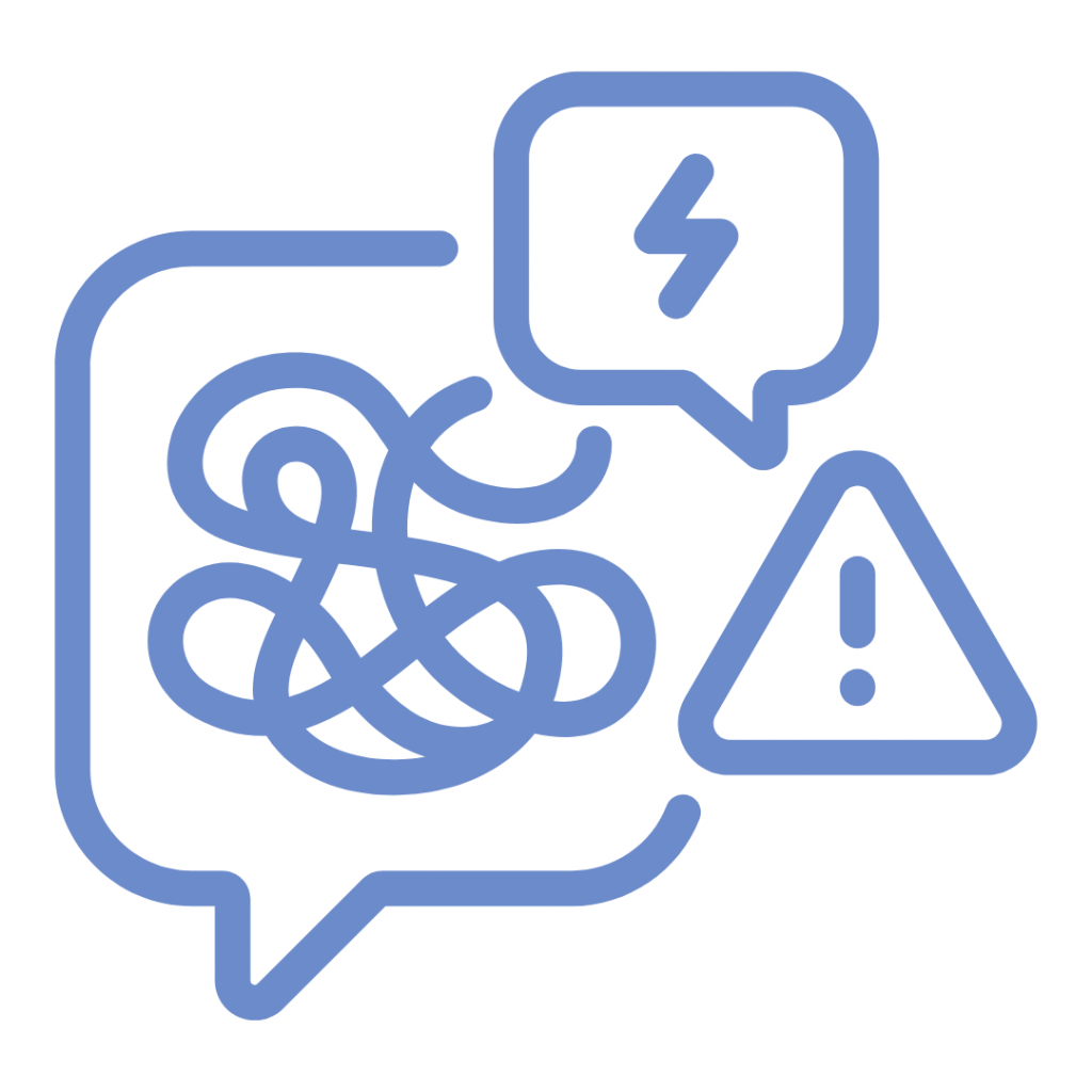 Overwhelmed and stressed. The image shows a speech bubble with tangled lines, symbolizing confusion or stress. A lightning bolt and an exclamation mark within other speech bubbles represent sudden or unexpected events or challenges. The overall image suggests a feeling of being overwhelmed or bombarded with problems.