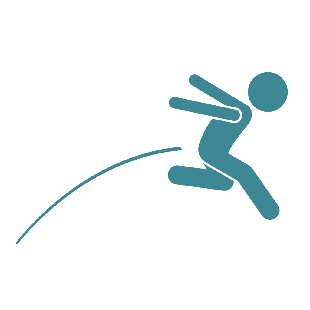 A person jumping or leaping. The image shows a stick figure-like person in mid-air, with their legs bent and arms outstretched. The curved line beneath them suggests the momentum of their jump.