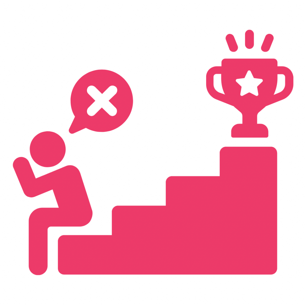 A person giving up on their goals. The image shows a person sitting on the bottom step of a staircase with a "no" symbol above their head. A trophy sits atop the stairs, symbolizing success or achievement. The image suggests that the person has given up on their aspirations or has lost motivation to continue striving.