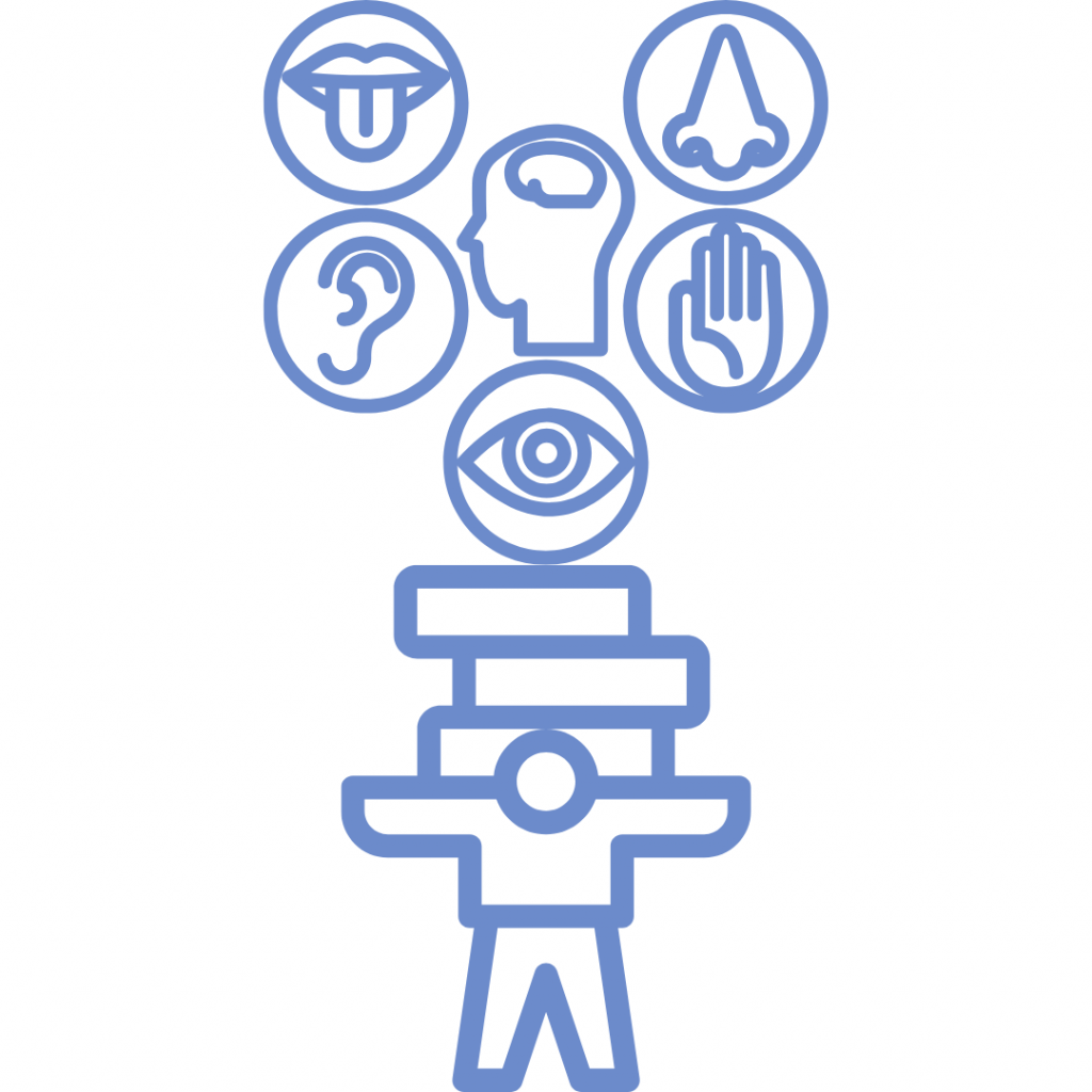 The five senses and the mind. The image shows a person with five circles above their head representing the five senses: sight, hearing, taste, touch, and smell. A brain symbol is also included, representing the mind or cognitive function. This combination suggests the interconnectedness of the senses and the mind in perceiving and understanding the world.