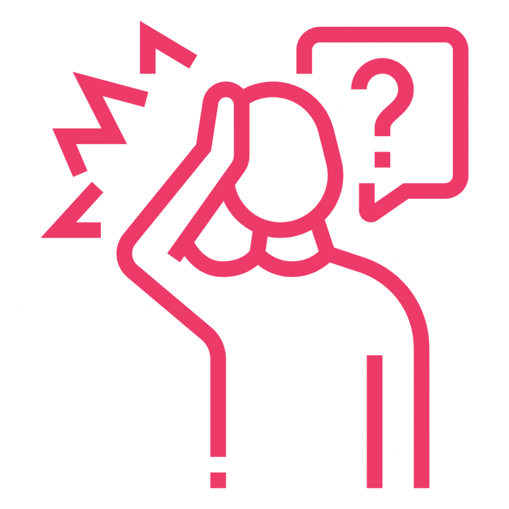 A person experiencing confusion or frustration. The image shows a person holding their head with one hand, while a question mark appears in a speech bubble above their head. This combination suggests a state of bewilderment, uncertainty, or exasperation.
