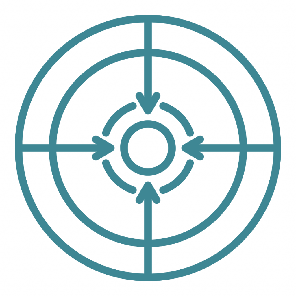 A target. It's a circular symbol with concentric rings and arrows pointing towards the center. Targets are often used to represent goals, objectives, or something to aim for.
