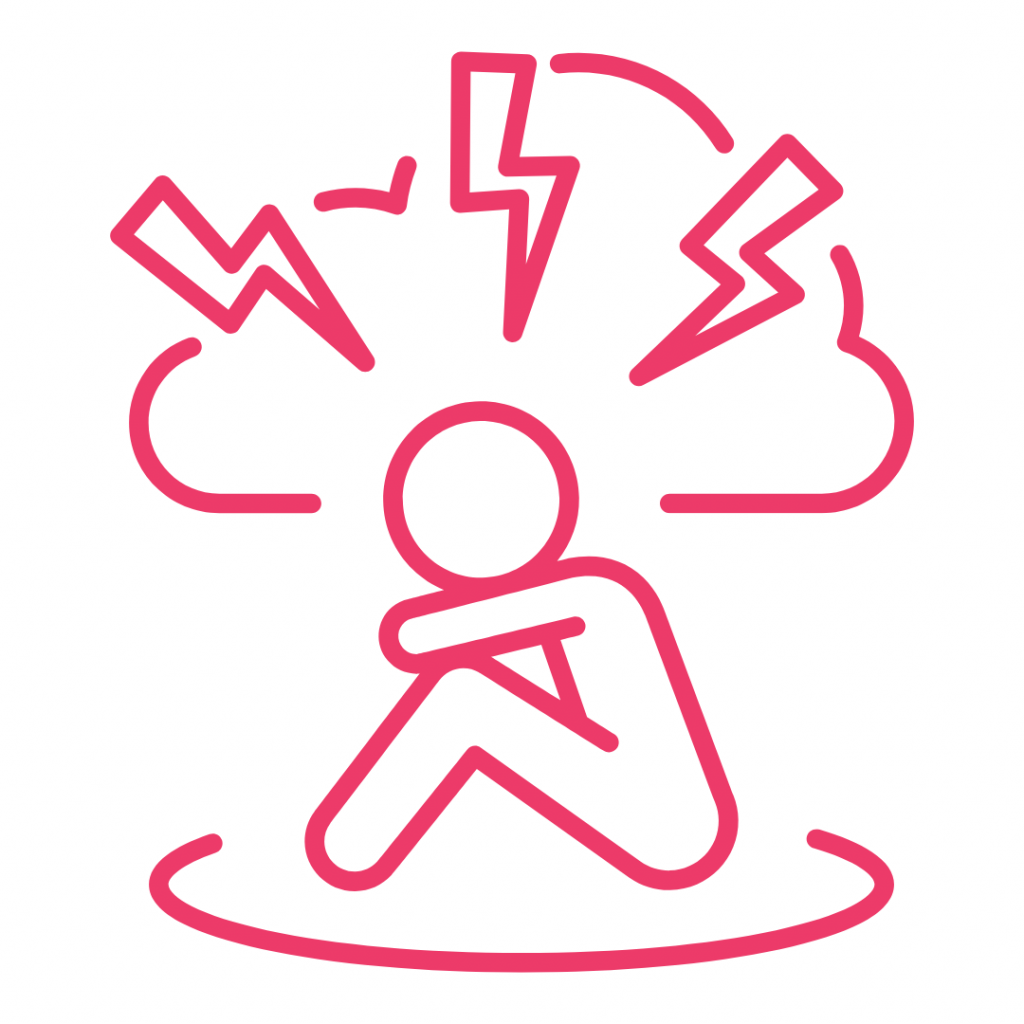 Overwhelmed and anxious. The image shows a person sitting with their knees pulled up to their chest, surrounded by lightning bolts. This represents a feeling of being overwhelmed, stressed, or experiencing anxiety. The lightning bolts symbolize the intensity of these emotions.