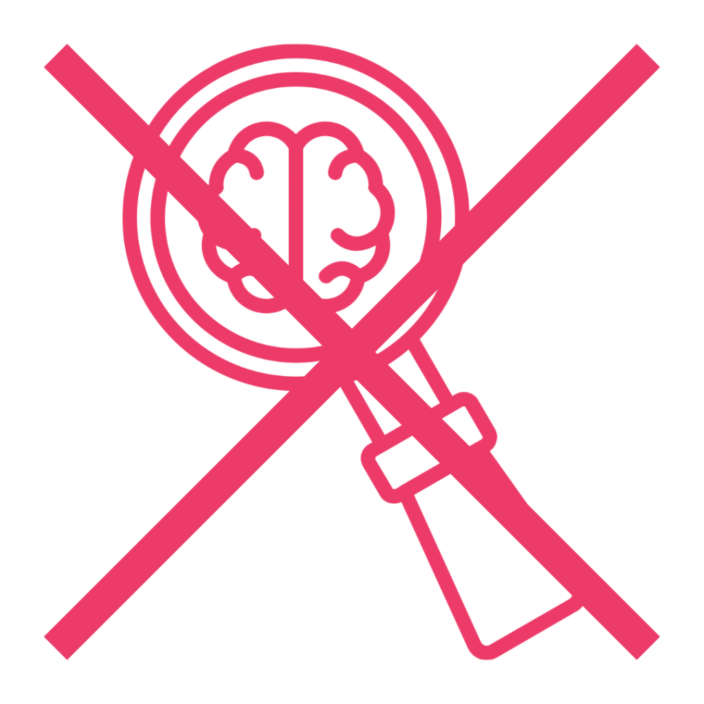 No brainwashing. The image shows a magnifying glass with a brain inside crossed out by a red X. This symbolizes the prevention or prohibition of manipulating or controlling people's thoughts or beliefs.