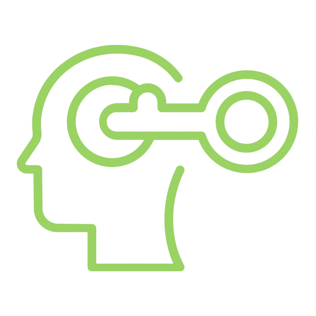 A key inside a human head. This image typically symbolizes unlocking potential, understanding, or solving a problem. The key represents the solution or answer, while the head signifies the mind or intellect.