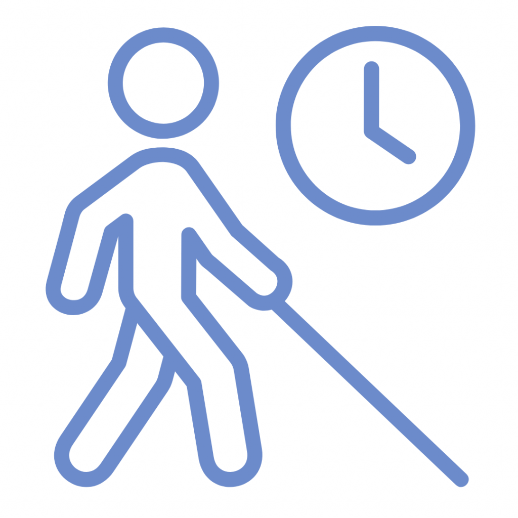A person with a cane walking alongside a clock. This image likely represents a visually impaired person using a cane to navigate with time as a factor. It could also symbolize the importance of being punctual or time-conscious, even for those with disabilities.