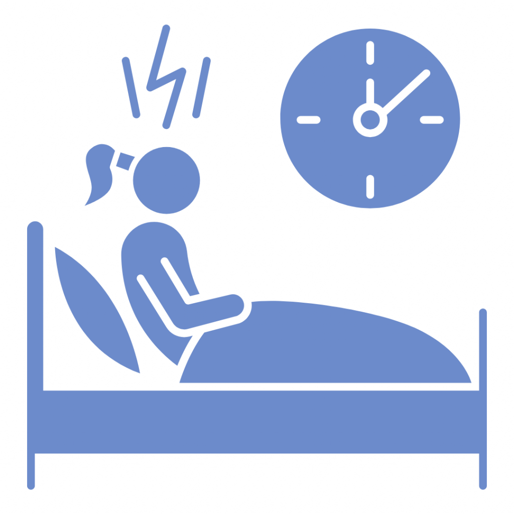 Insomnia or sleep disturbance. The image shows a person in bed with lightning bolts above their head, indicating restlessness or anxiety. A clock nearby suggests the struggle to fall asleep or stay asleep. This combination is often used to represent insomnia or other sleep disorders.