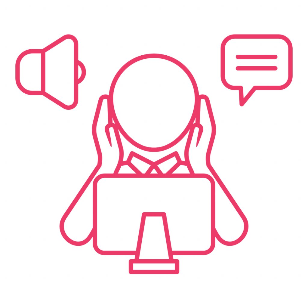 A person overwhelmed by noise and communication. The image shows a person sitting at a computer with their hands covering their ears. A loudspeaker and a speech bubble are nearby, symbolizing the overwhelming noise and communication they're trying to avoid.
